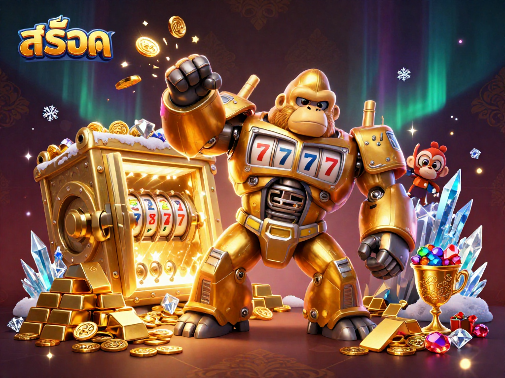 Experience thrilling สล็อต action with a golden gorilla mech surrounded by treasures and vibrant gems.