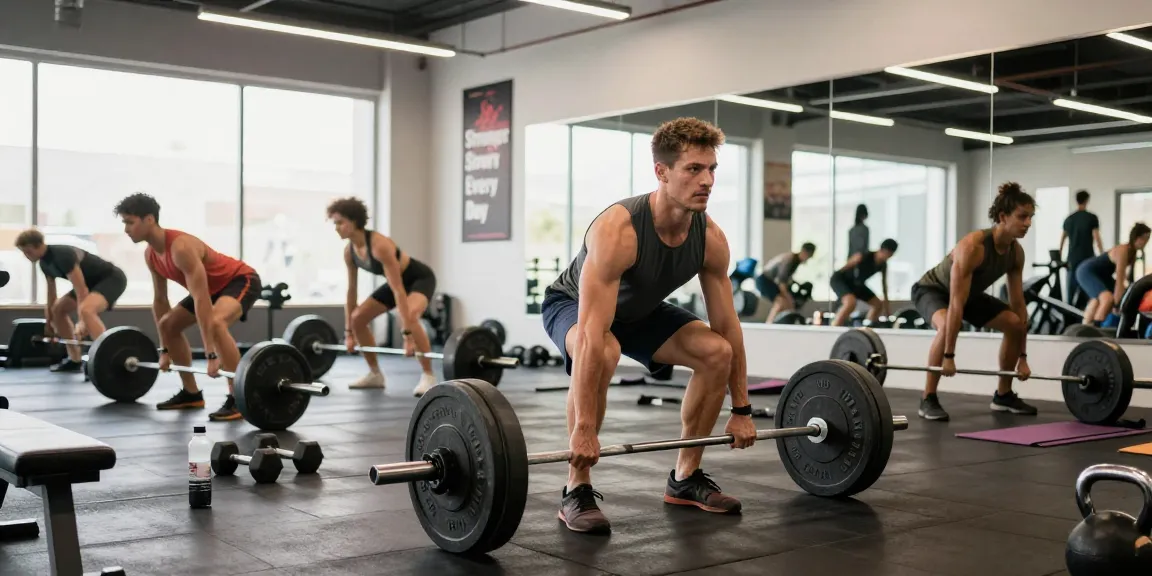Group workout scene showcasing a diverse community in a gym, highlighting products from Deus Medical Shop.