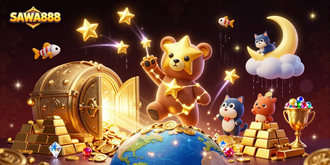 Experience excitement with SAWA888's vibrant casino atmosphere featuring charming characters and abundant riches.