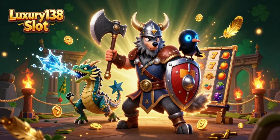 Experience thrilling adventures playing Luxury138 Slot with heroic characters in a vibrant casino atmosphere.