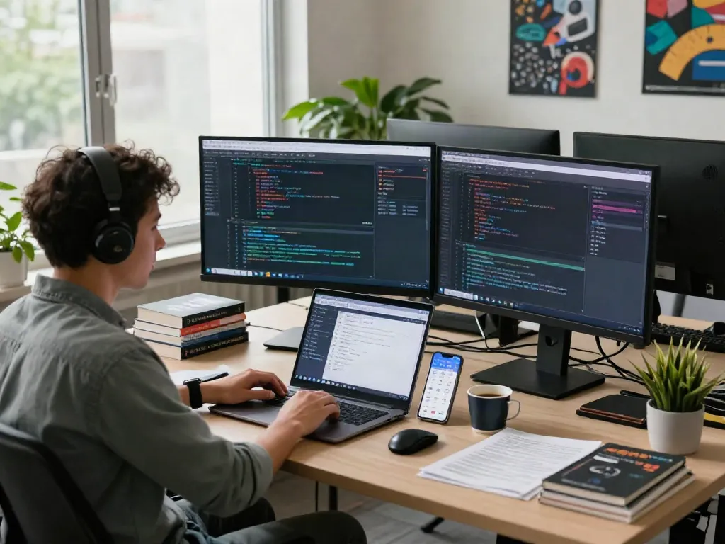 Developer menggunakan ServerPG di ruang kerja modern dengan layar komputer dan buku pemrograman.
