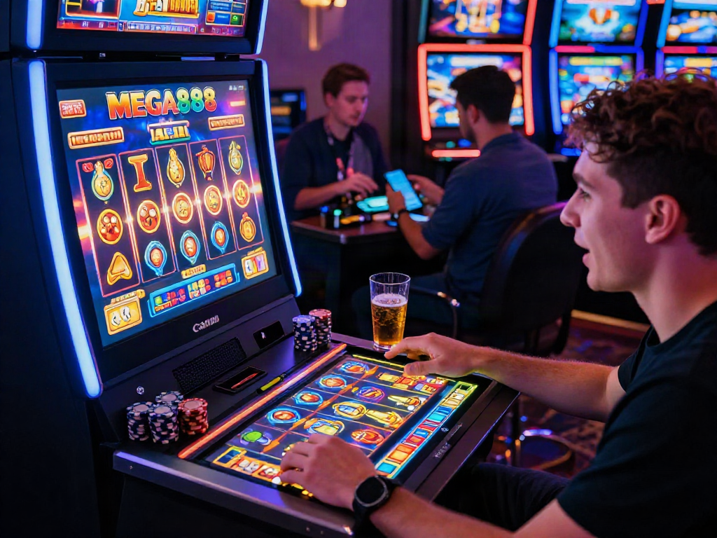 Player enjoying MEGA888 online gaming experience at modern casino setup.