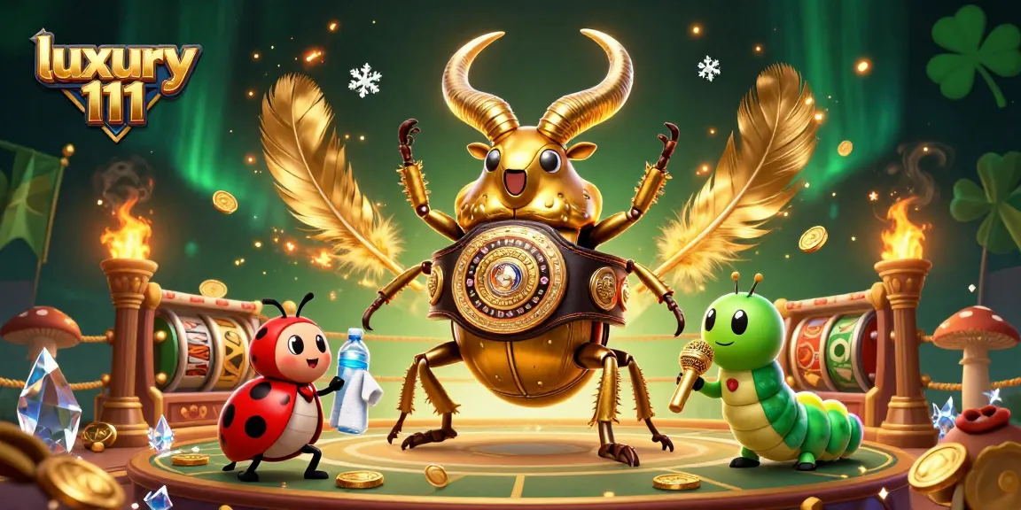 Immerse in luxury 111 gaming as a giant golden stag beetle battles in a vibrant casino scene.