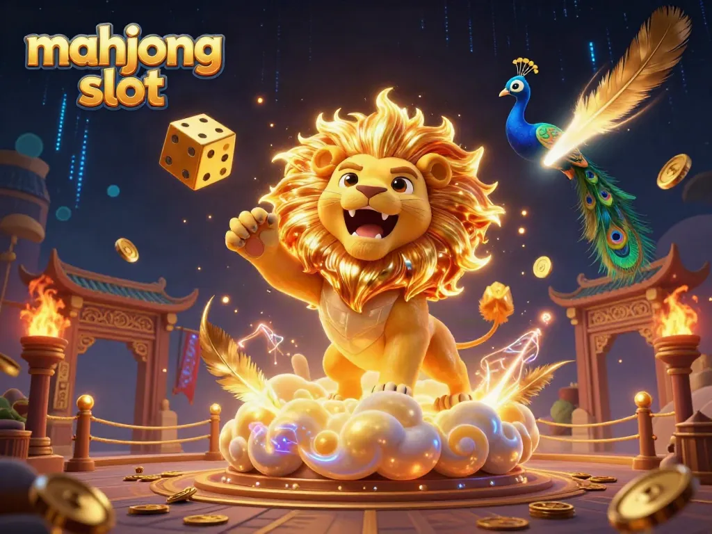 Experience the excitement of mahjong slot with an epic casino scene featuring a roaring sun lion and golden dice.