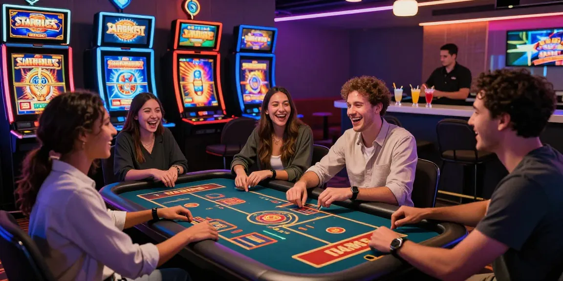 Exciting group enjoying slots non AAMS in a vibrant casino environment with colorful graphics.