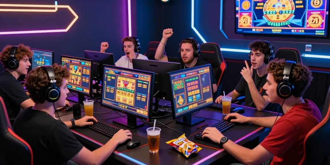 Exciting gaming atmosphere at link situs888, players engaged in thrilling slot games, showcasing camaraderie and competition.
