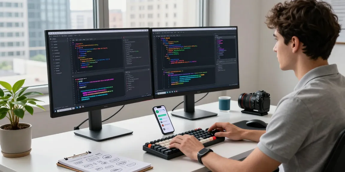 Dynamic software development scene at teiegramin.com with programmer at dual monitors coding a messaging app.