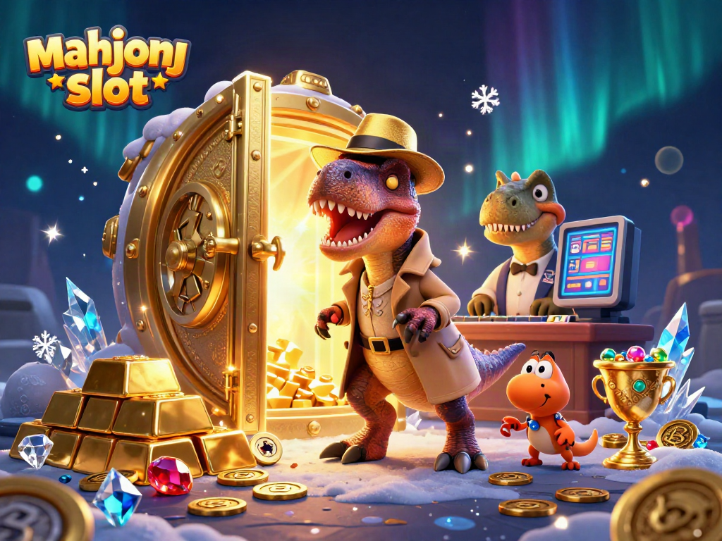 Play the exciting mahjong slot surrounded by a vibrant dinosaur-themed casino scene.