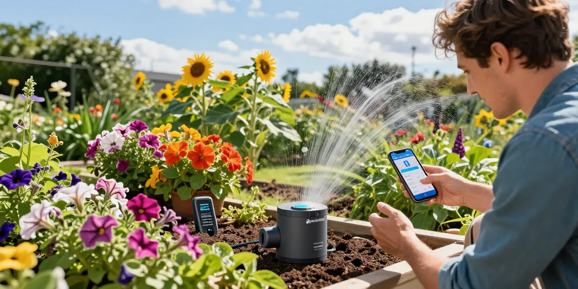 Gardener utilizing the RainPoint automatic watering system in a flourishing garden, demonstrating efficient plant care.