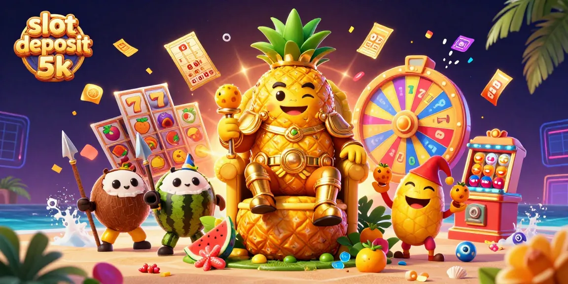 Engage with slot deposit 5k in our vibrant casino scene featuring a golden pineapple king and dynamic slot elements.