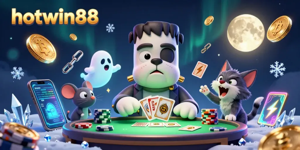 Engage with the thrilling universe of hotwin88, featuring a Frankenstein bulldog in a casino setting.