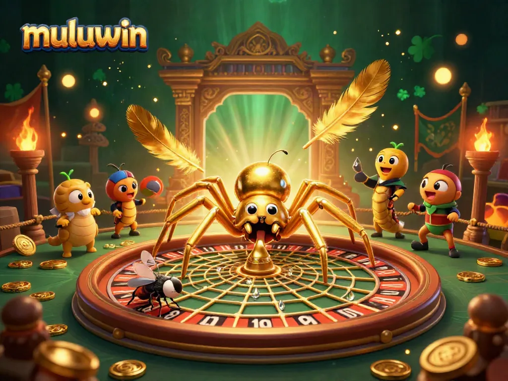 Experience the exciting world of muluwin with a golden spider and centipede dealer in a vibrant casino scene.