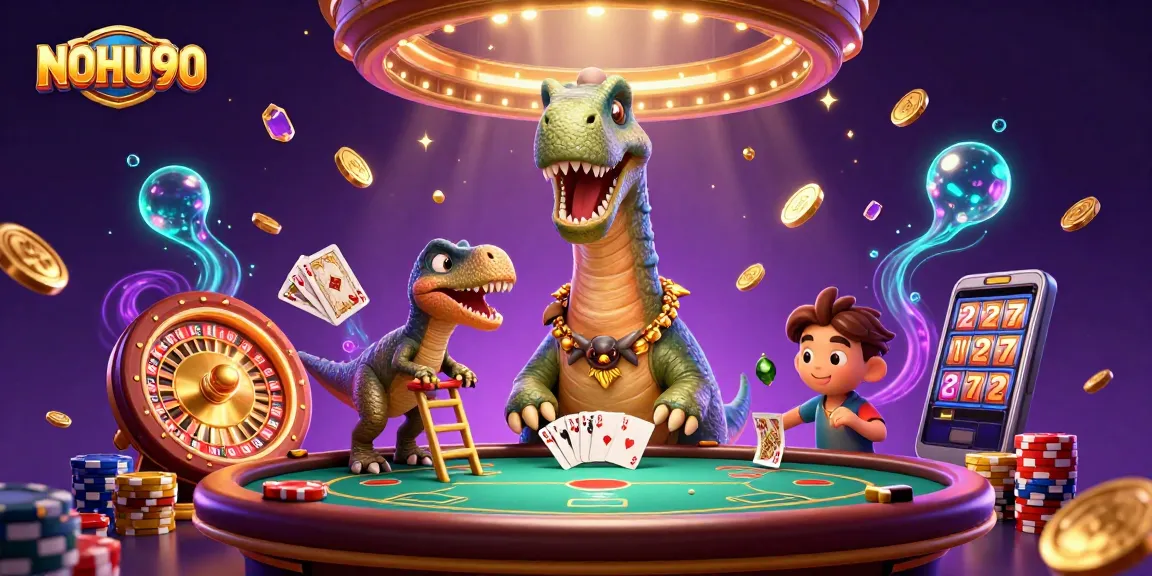 Nohu90 Casino Adventure: A whimsical scene with a dinosaur dealer at a poker table.