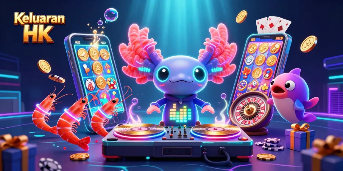 Keluaran Hk features an energetic 3D scene with a vibrant axolotl DJ and animated sea creatures amid casino game elements.