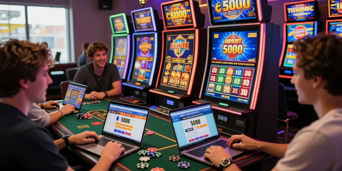 Players excitedly engaging with slot deposit 5000 games in a vibrant online gaming ambiance.
