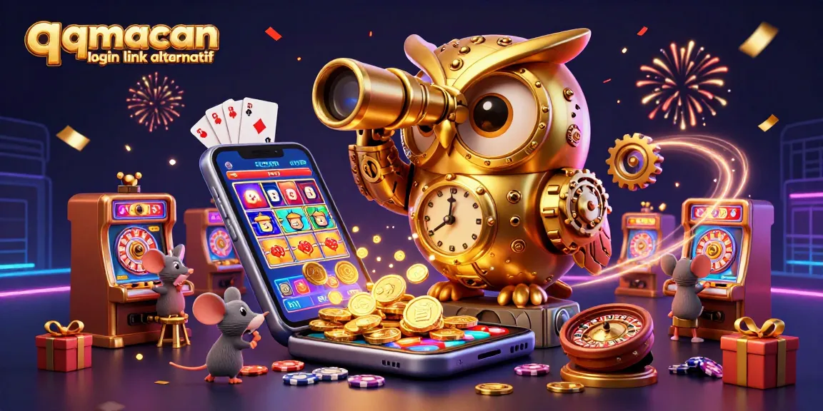 Engage with the vibrant qqmacan login link alternatif scene showcasing a whimsical casino with a golden owl and dynamic gaming elements.