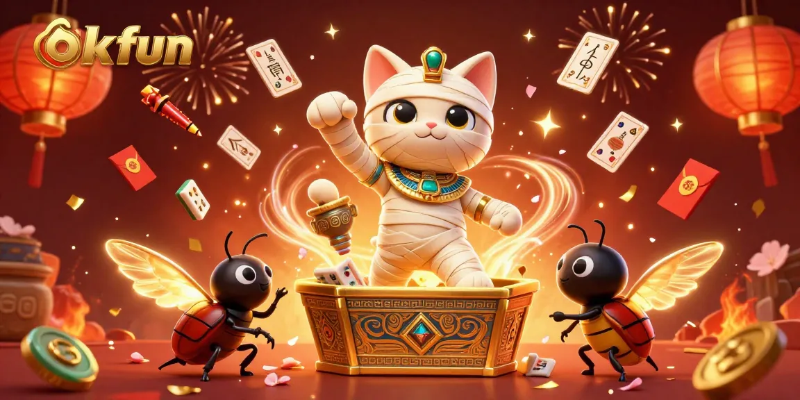 Spin and win with okfun's exciting pyramid casino scene featuring glowing characters and dynamic elements.
