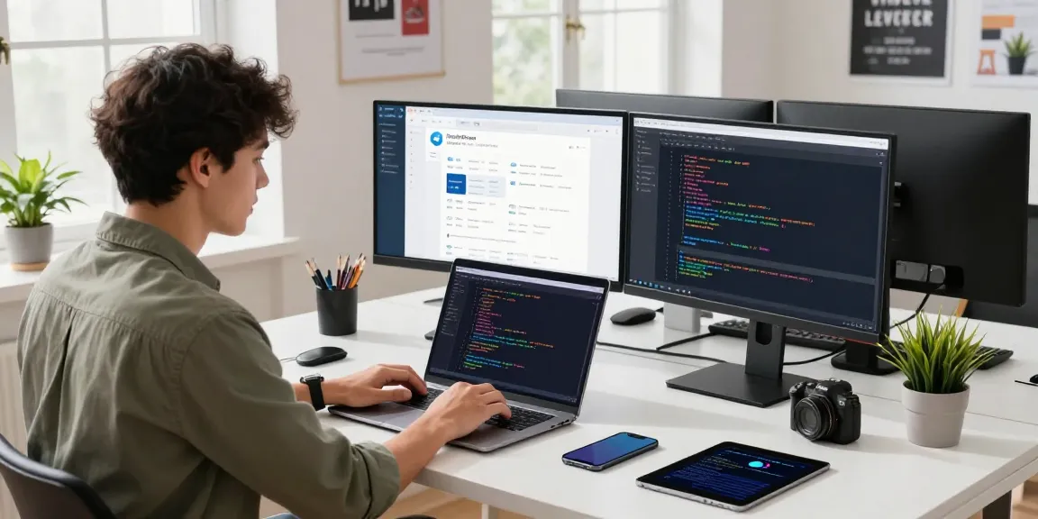 Professional coding environment featuring 纸飞机中文版 interface and tech gadgets in a bright office.