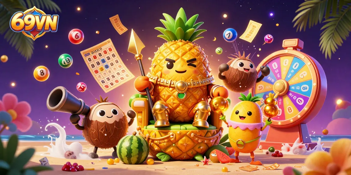 Experience a tropical gambling adventure with 69VN's vibrant 3D illustration showcasing dynamic gaming elements.