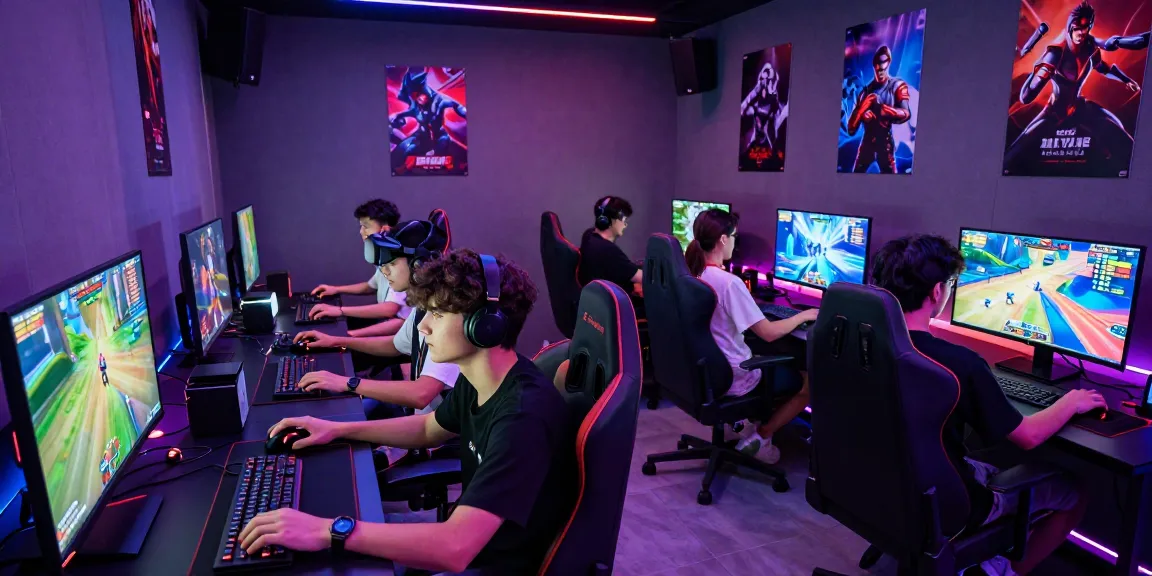 Young gamers immersed in the pakde4d experience with high-tech gear and vibrant screens.