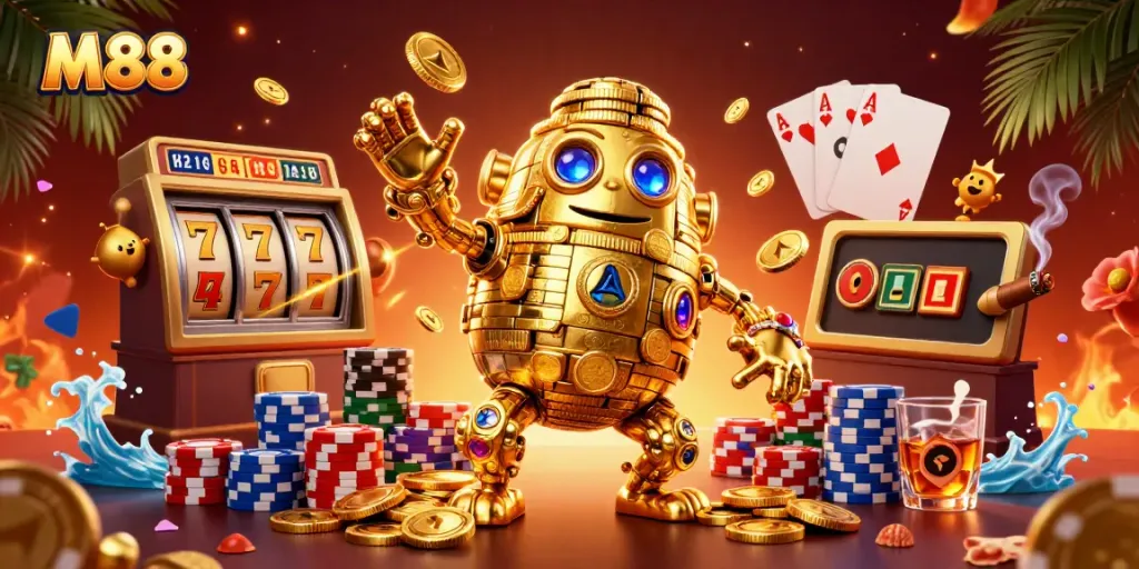 M88-inspired vibrant 3D casino illustration showcasing a golden golem surrounded by slot reels and poker elements.