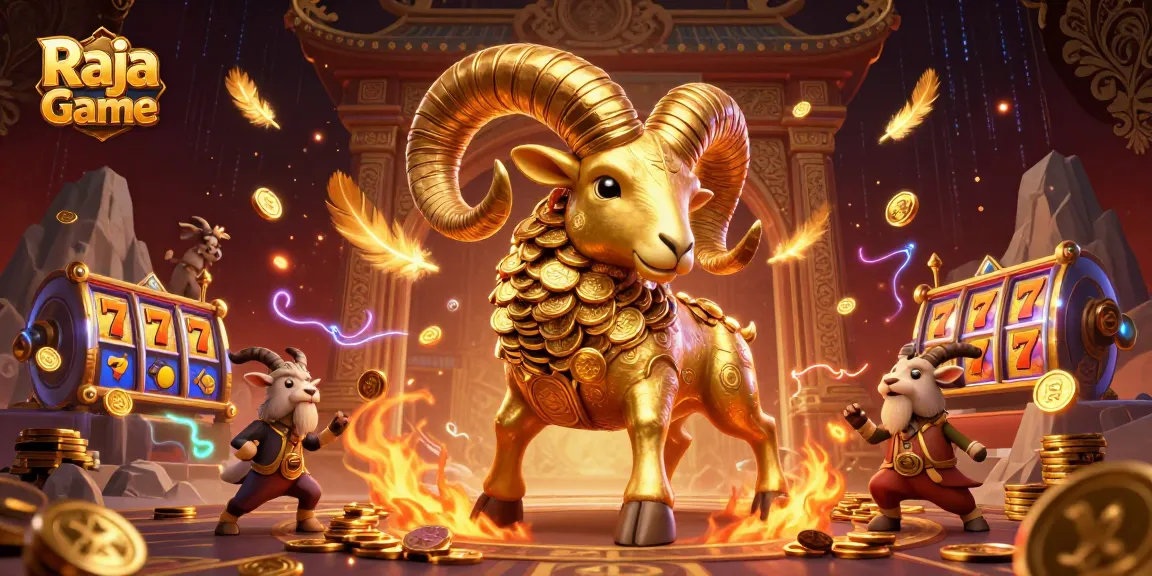 Win exciting rewards at Raja Game with a captivating golden ram charging at a temple gate, embodying the thrill of online gambling.