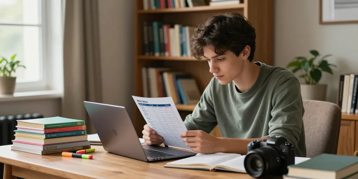 Focused student reviewing the 2026 WAEC timetable in a cozy home library setup.