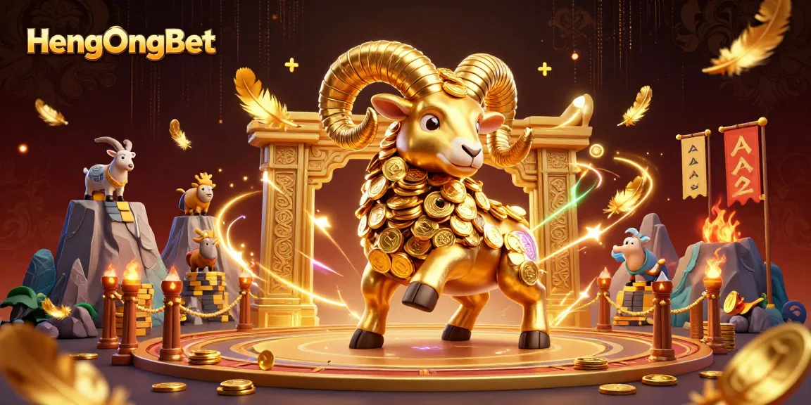 HengOngBet showcases a dynamic 3D scene with a golden ram charging through a casino gateway.