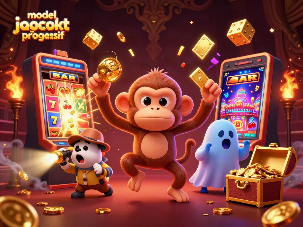 Permainan model jackpot progresif dengan simbol emas yang menarik perhatian bermain game di kasino.