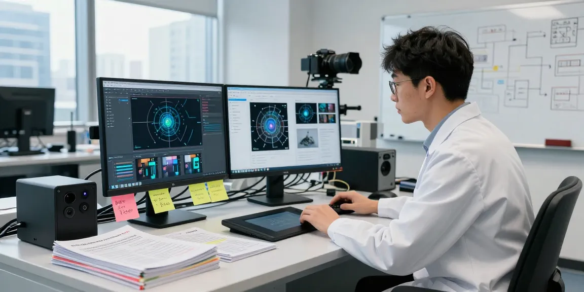 AI-Generated Image Detection lab scene with data scientist analyzing images and advanced technology.
