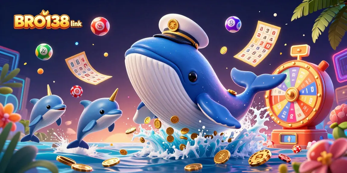 Play slot games with BRO138 link, featuring dynamic colorful lottery elements and engaging characters.