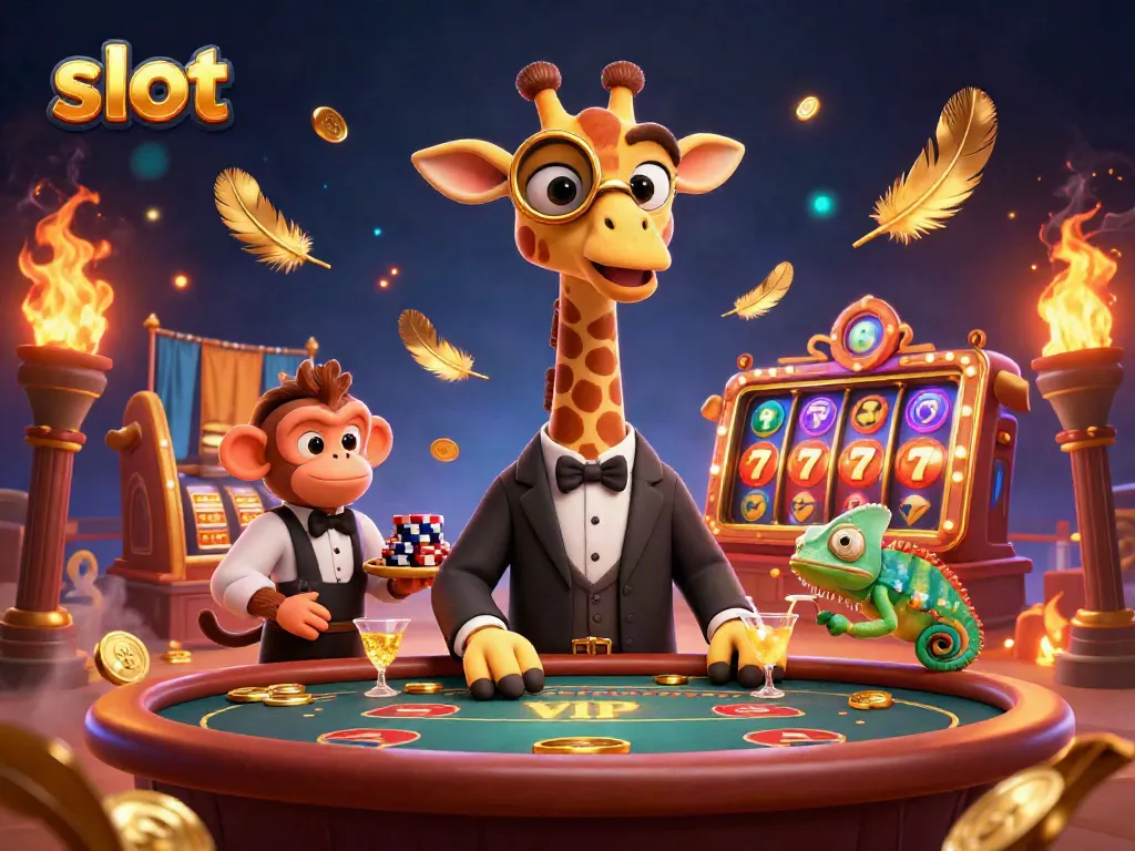 Menghasilkan slot terbaik: gajah girafe kelas atas di meja poker dengan pelayan monyet dan bartender bunglon.