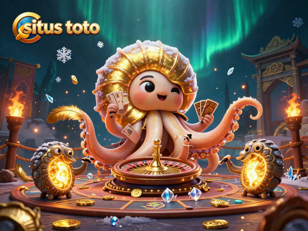 Engage with situs toto at this illustrated casino scene featuring a giant nautilus roulette wheel amidst vibrant elements.