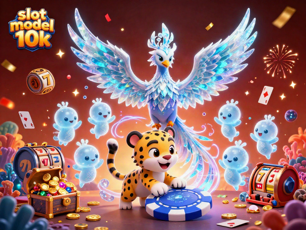 Engage with "slot modal 10k" through this animated scene featuring an ice phoenix and playful gambling elements.
