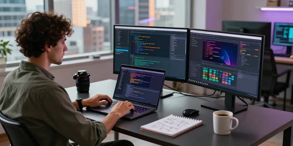 Developer coding at a modern workspace with vibrant city view, showcasing telegramin-cn.com's tech focus.