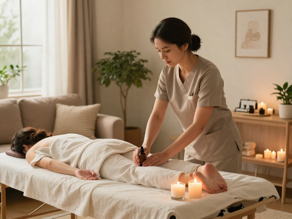 In-home 마사지 with therapist using soothing oils during a 출장안마 session, creating a warm and calming atmosphere.