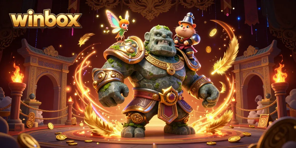 Winbox showcases a dynamic 3D digital illustration of a golem guardian and magical companions in a vibrant casino setting.