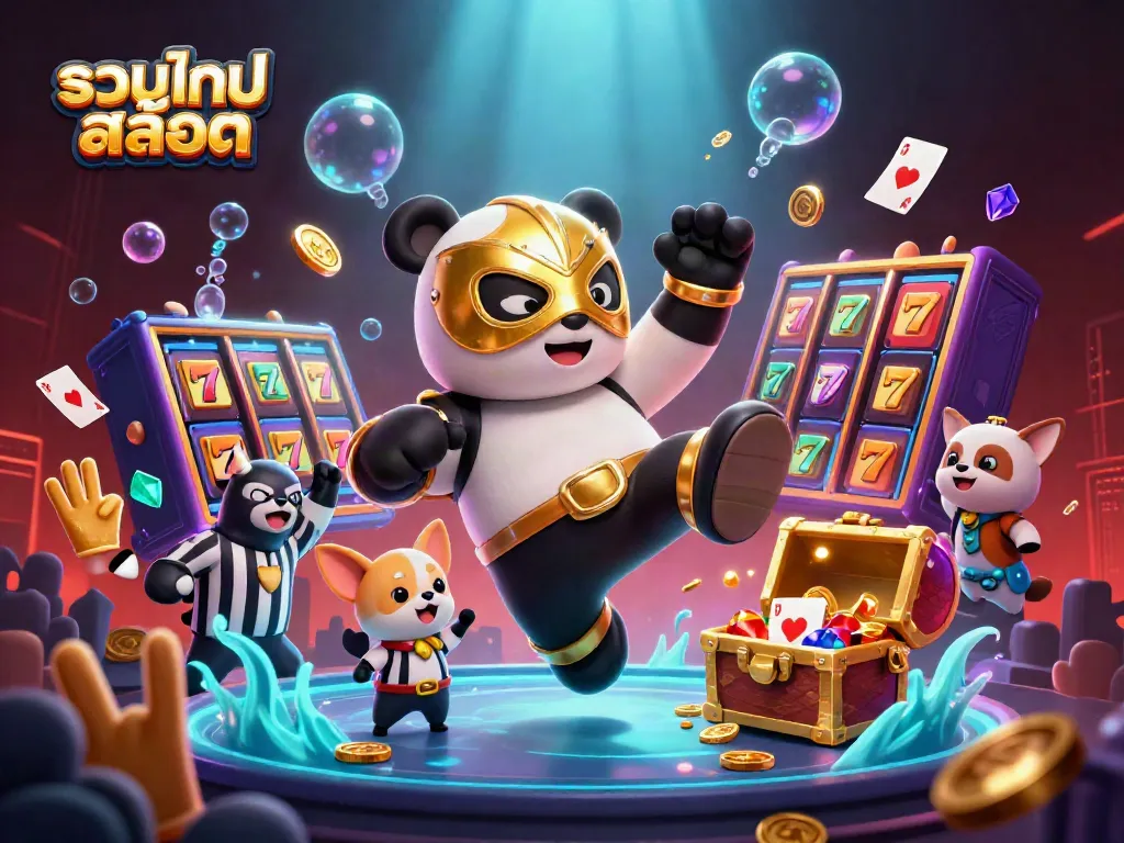 Experience the excitement of รวมเกมสล็อต with a vibrant scene featuring a panda wrestler, chihuahua referee, and playful animals in a casino-styled adventure.