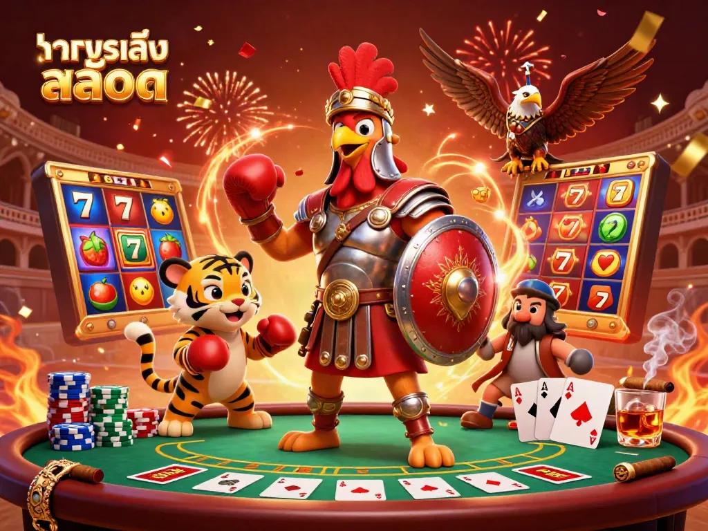 ภาพการทดลองเล่นสล็อต ที่มีไก่กลาดิเอเตอร์ในอาวุธโรมันและสิงโตน้อยอยู่ในสนาม
