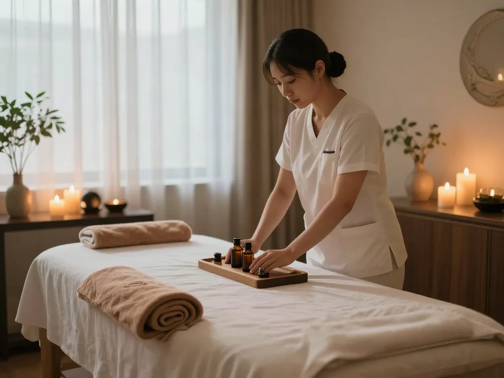 Relaxing home massage setup for 일산출장마사지, featuring a massage therapist preparing soothing oils and towels.