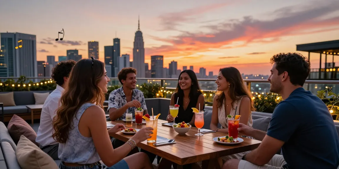 Travelers enjoying cocktails at hotel rooftop during sunset, showcasing the lively atmosphere of rokok88.