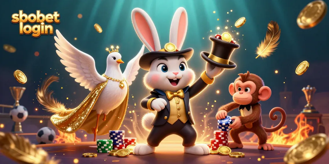 Experience sbobet login with this vibrant scene of gaming excitement featuring a magician rabbit and monkey.