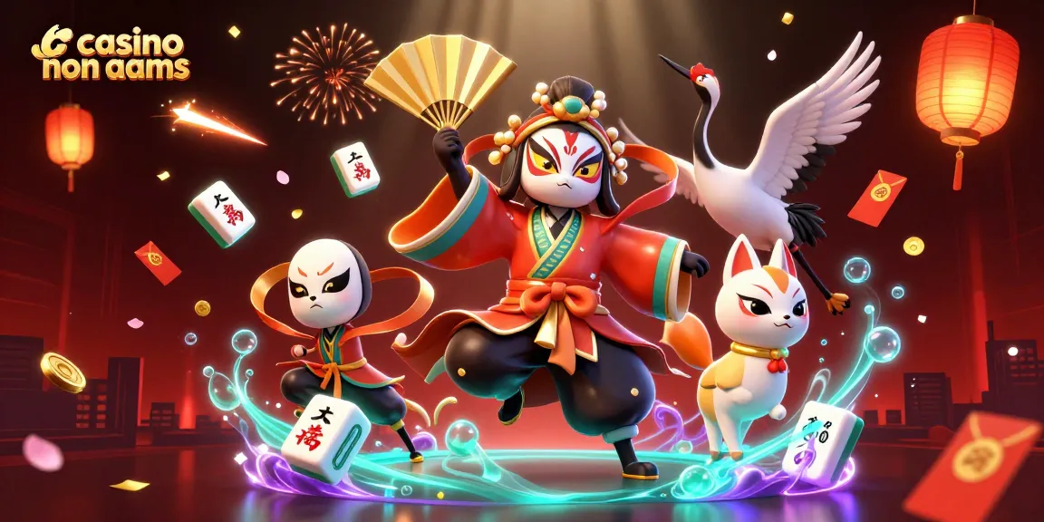 Scene emozionante di un casinò non AAMS con un guerriero kabuki e una maschera kitsune, arricchita da elementi di gioco vivaci.