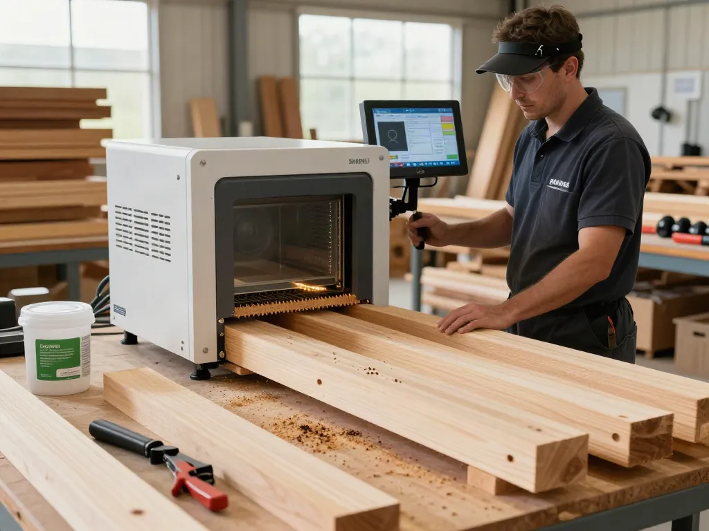 SHASHEL® microwave device treating wood for total woodworm elimination in a professional workshop.