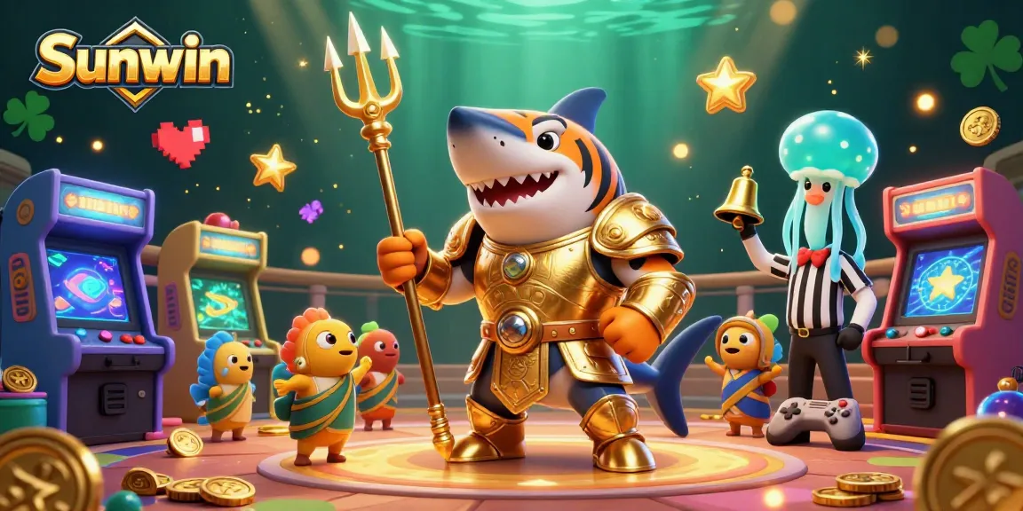 Experience the excitement of Sunwin with a fierce tiger shark in a vibrant 3D underwater casino scene.