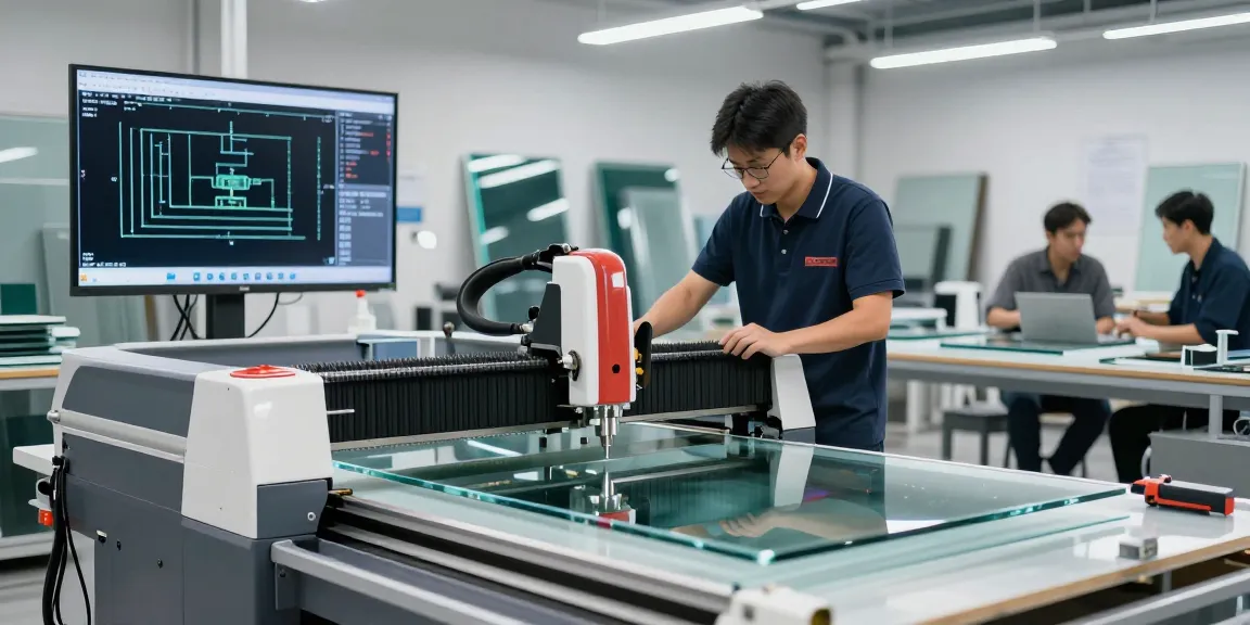CNC glass cutting machine in action, showcasing precision glass processing in a modern workshop environment.