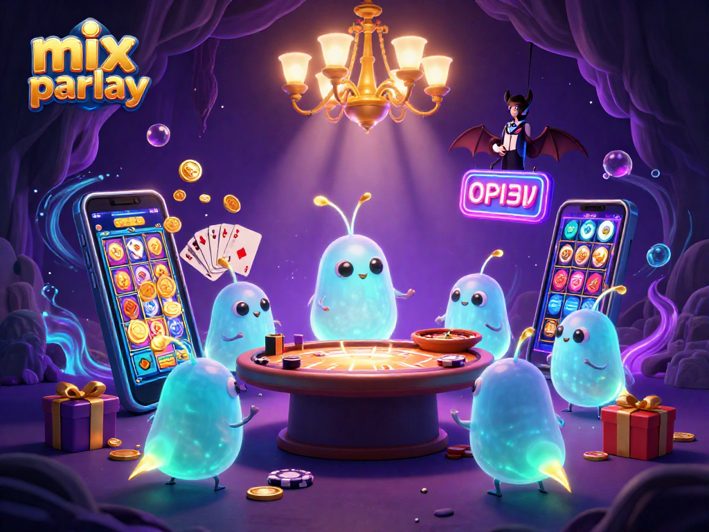 Experience the excitement of mix parlay betting with vibrant 3D illustration of a glowing casino scene featuring games and bioluminescent characters.