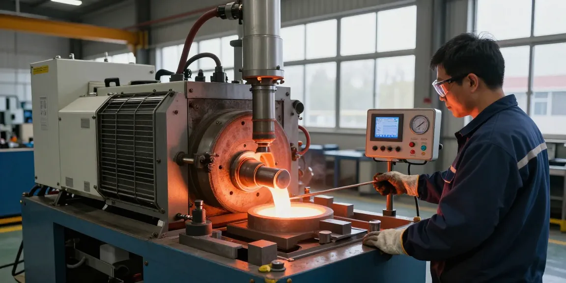 Induction furnace in operation with technician monitoring precision heating in a modern industrial setting.