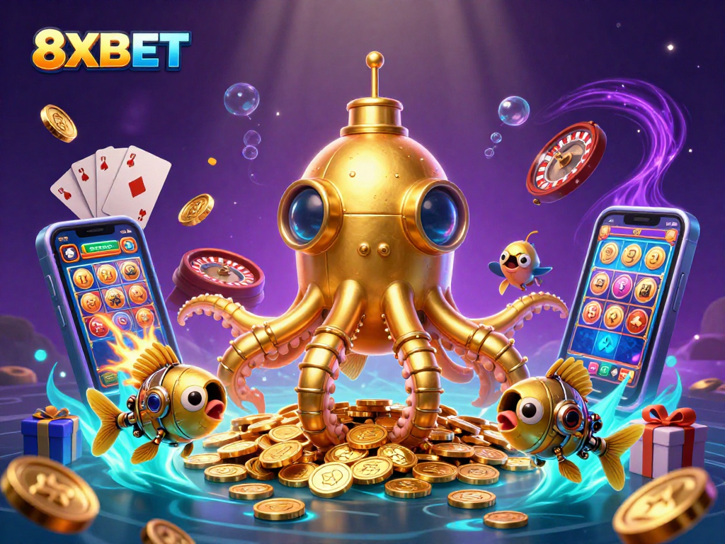 Engage with 8XBET's golden kraken submarine amidst vibrant casino elements, showcasing a thrilling gaming experience.