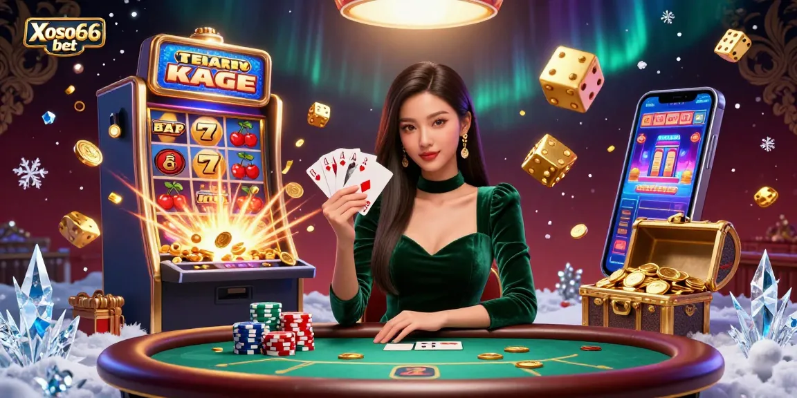 Engage in thrilling gameplay with Xoso66 bet, as the beautiful dealer in a velvet dress handles poker cards while slot machine symbols fly around.